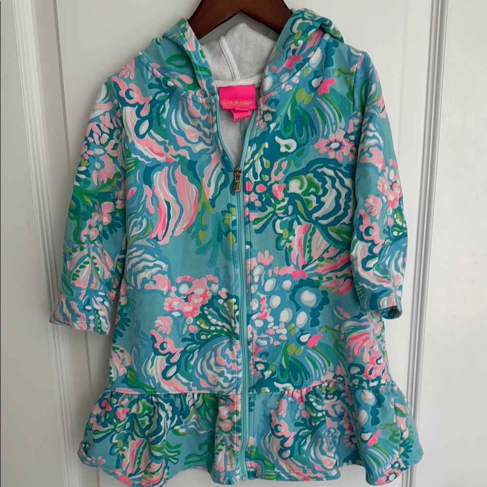 Lilly Pulitzer Blue and Pink Raincoat with Hood and Ruffled Hem
